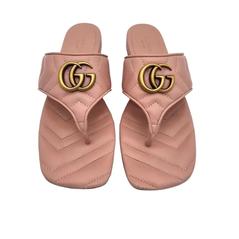 Gucci GG Marmont Flat Thong Sandal Pink Quilted Leather Gold Square Size 37 US 7